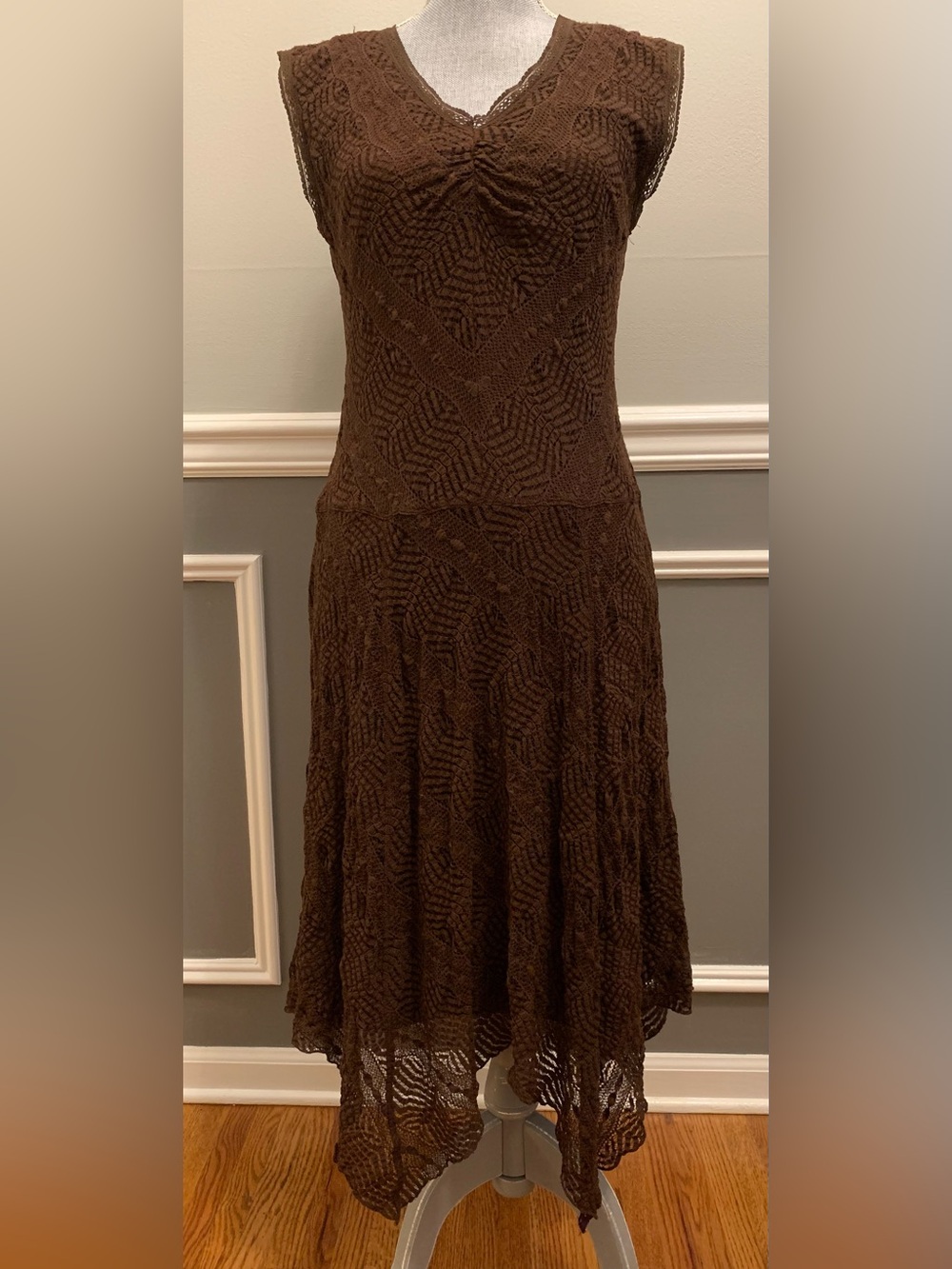 Vintage Brown Lace Midi Dress Y2K Women’s Size 8 By Rabbit Rabbit Rabbit